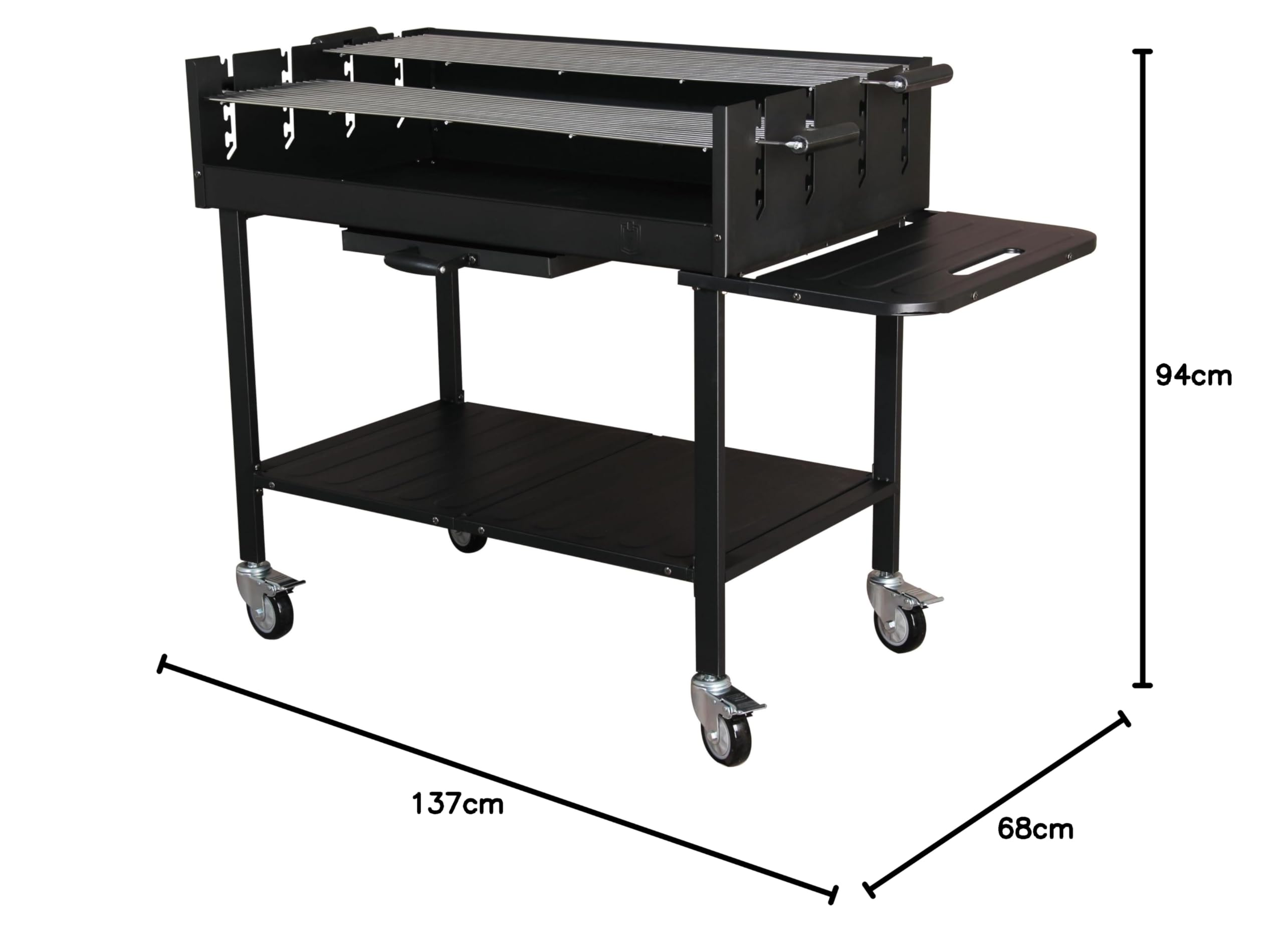 METRO Professional Barbacoa de Carbón con Ruedas, Acero/Acero inoxidable, Rejillas Ajustables, Mesa lateral, Funda Protectora, Negro