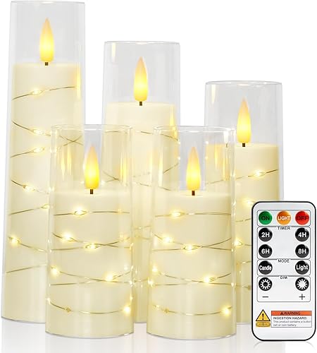 Raycare Vela Sin Llama con Temporizador Remoto  5 Velas LED de Pilar Acrílicas Parpadeantes que Funcionan con Batería con Cadena de Estrellas