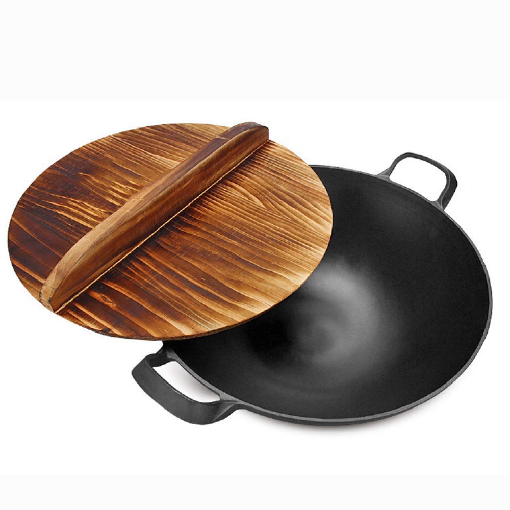 Niepowlekana żeliwna patelnia do woka, pogrubione podwójne ucho okrągłe dno, kuchenka indukcyjna gazowa uniwersalna, drewniana pokrywa, 34 cm