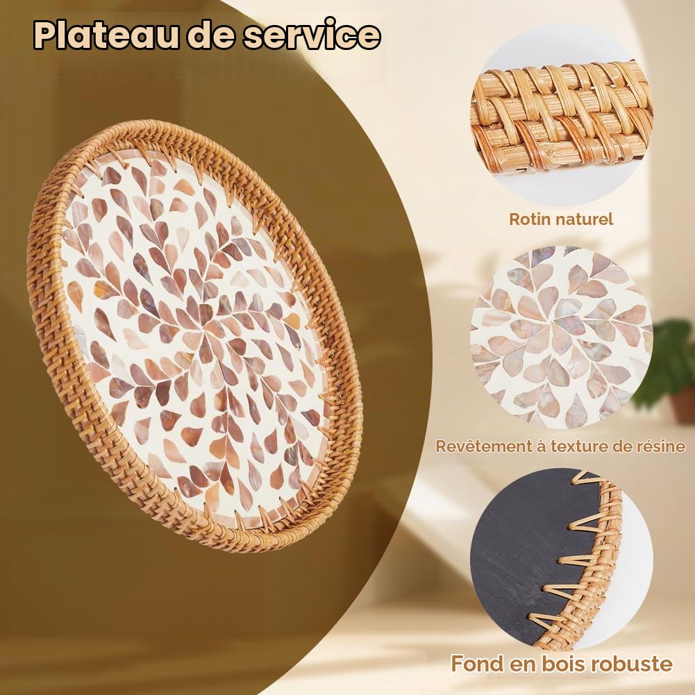 CREATCABIN Plateau Rond Rotin Plateau Service Rotin Tissé Base Bois Panier Tissé Main Panier Décoratif Osier Plateau Organisateur pour Décoration Table Rangement Affichage Petit Déjeuner 11.8 Pouce
