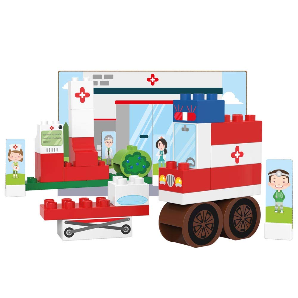 Assembled BIOBUDDI City Hospital building block set with ambulance and character cutouts.