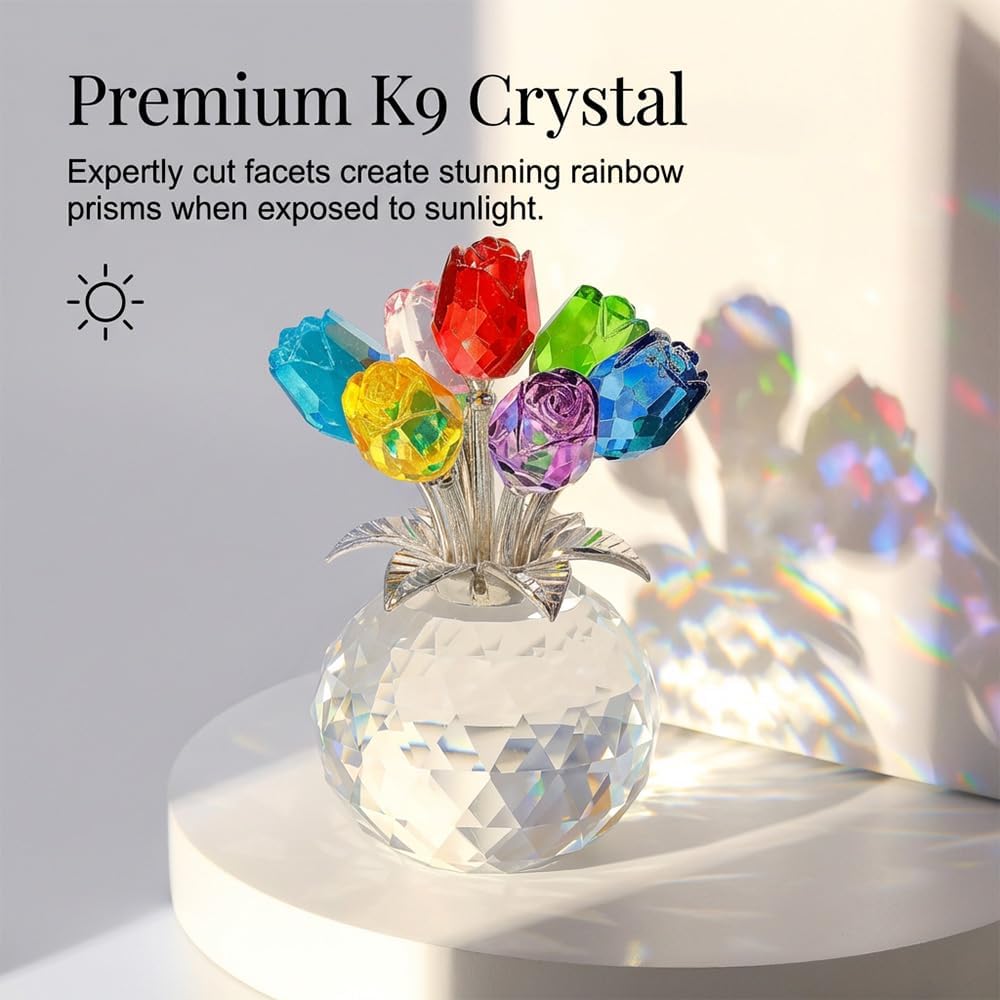 Crystal Rose in Vase Ornament, 2026 New Glass Flower Figurine, Pink Red Crystal Bouquet for Wedding Decoration, Glass Roses with Stems in Vase (Red and Pink)