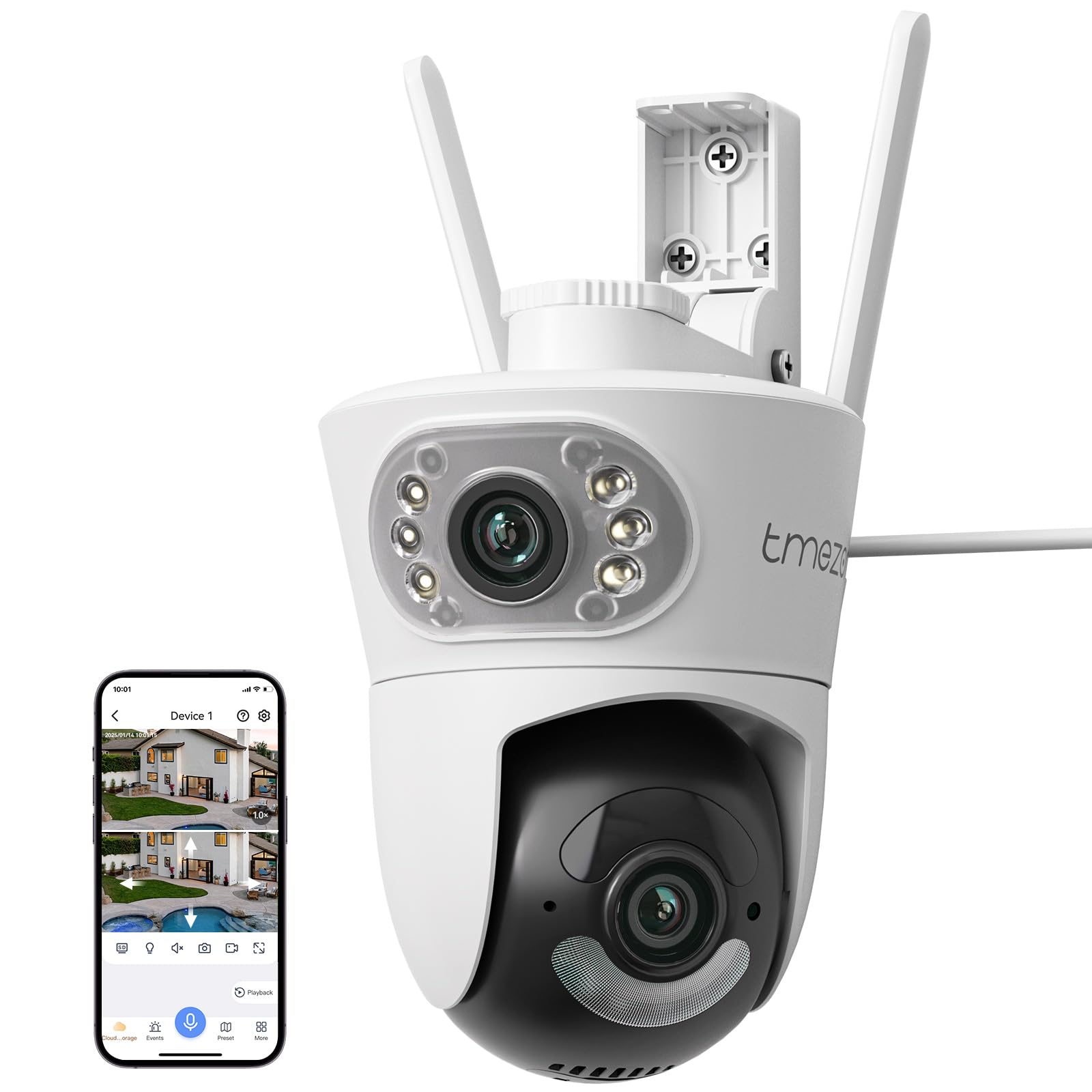 TMEZON Dual Lens Outdoor Security Camera, 2k HD WiFi PTZ Outside Cameras for Home Security with Auto Tracking,Human Detection,30m Color Night Vision