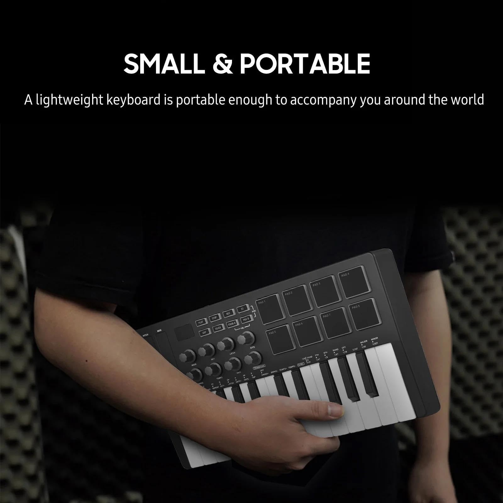 Controlador de teclado MIDI de 25 teclas USB inalámbrico con 8 almohadillas de batería retroiluminadas, 8 perillas, 2 tiras táctiles para producción y actuación musical