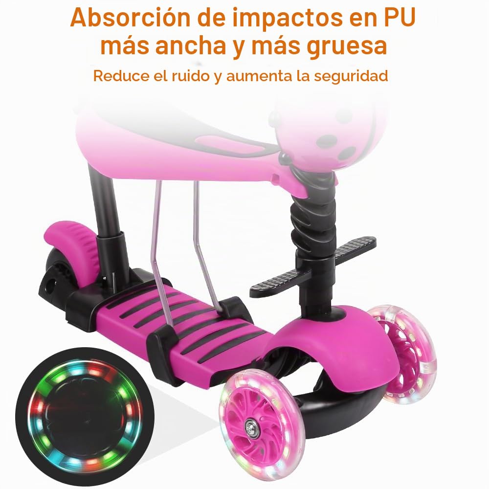 Patinete infantil 5 en 1 para niños a partir de 2 años hasta 50 kg, con asiento plegable y ruedas LED, altura regulable, plegable, triciclo para niños pequeños y niñas