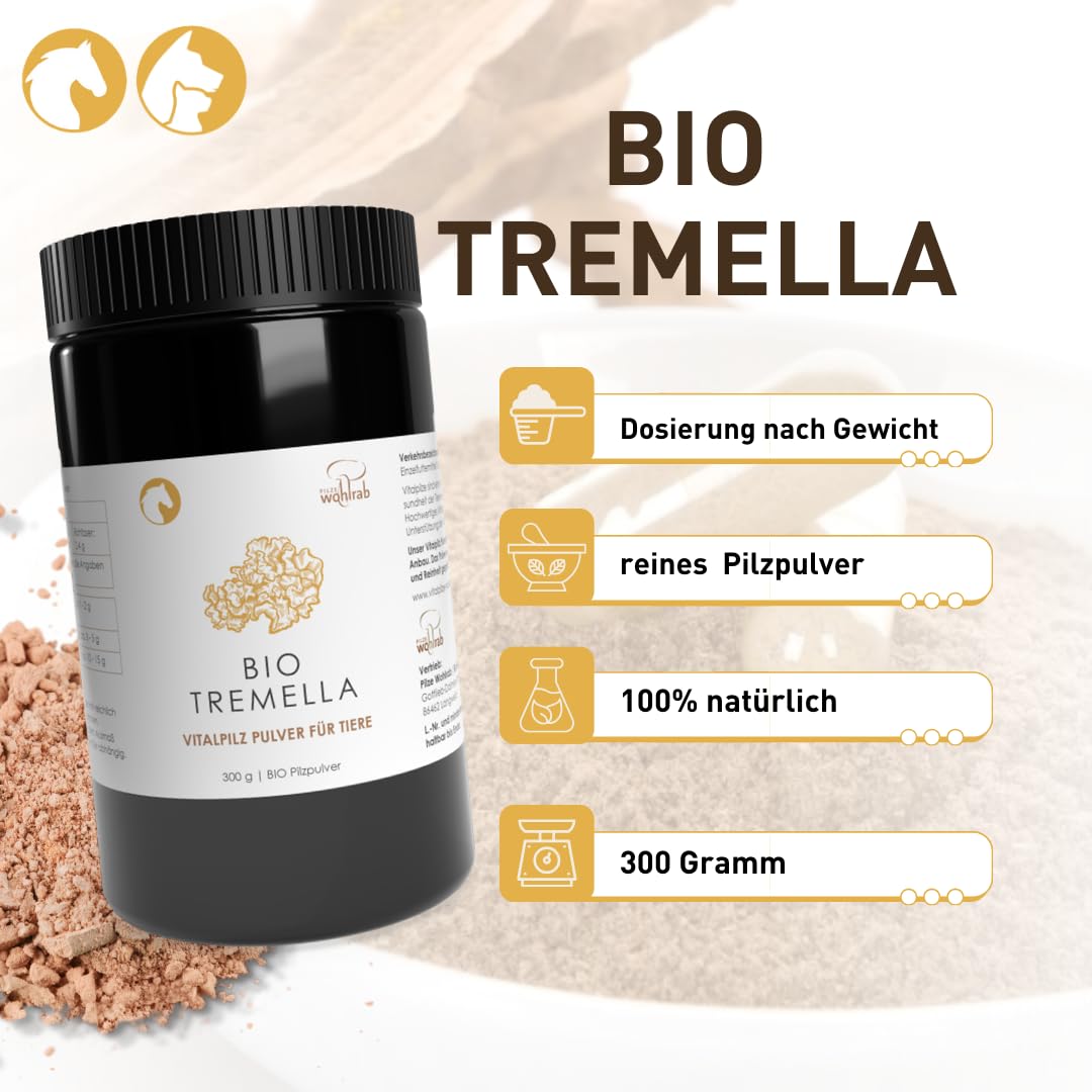 Bio Tremella Pulver für Tiere | 300 g | Reines Vitalpilze Pulver mikrofein | Höchste Bio-Qualität | Vitalpilze Pulver | Dosierung für Tiere | 1 Dose