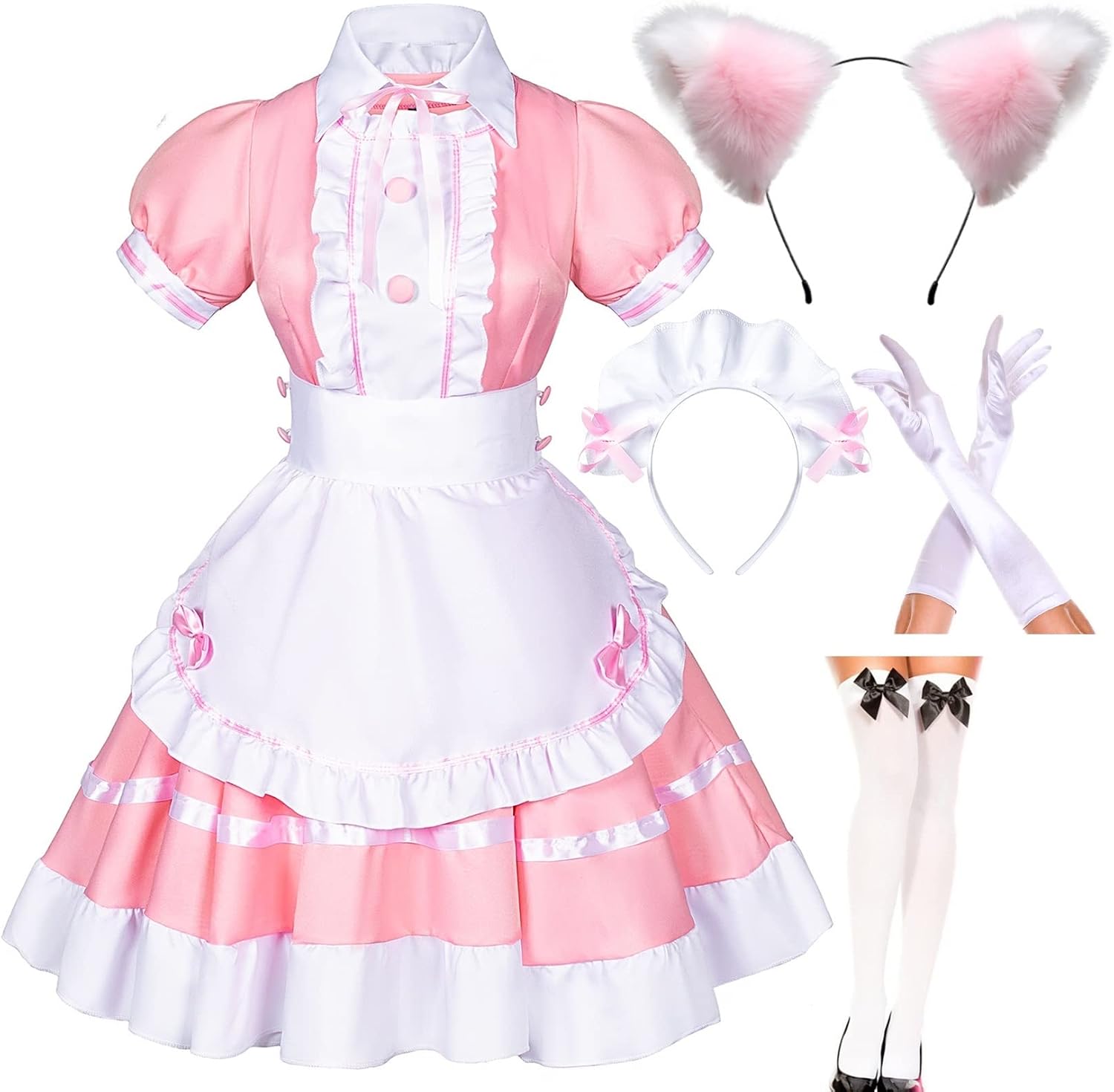 Japanese Anime Sissy Maid Dress Cosplay Sweet Classic Lolita Fancy Apron with Socks Gloves Set