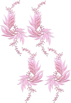 2 Pairs 7x3.1inch Leaves Iron on Patch Leaf Embroidery Applique Lace Fabric Motif for Garment Curtain Pillow Blanket Trimming Shoes Jeans Clothes Embellishments Pink