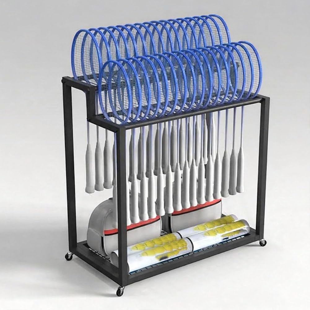 Estante Móvil para 30 Raquetas De Bádminton O Tenis – Soporte De Exhibición Rodante De Dos Niveles con Ruedas – Adecuado para Escuelas, Gimnasios E Instalaciones De Entrenamiento