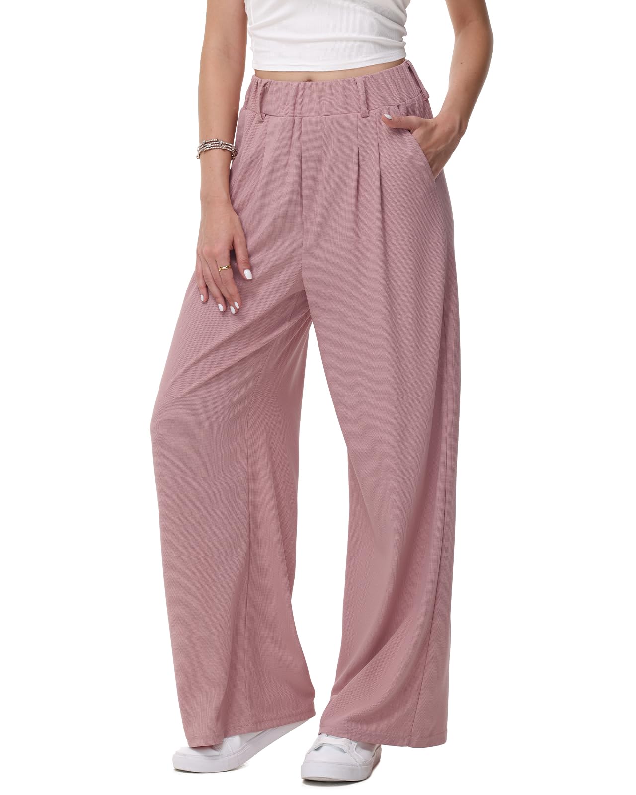 HMIYA Weite Hosen Damen-Bügelfreie Lässig Leichte Stoffhose Locker Palazzo Hose Hohe Taille Sommer Freizeithose mit Tasche,Rosa,S/30L