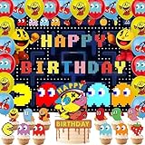 Pac Ghost Birthday Party Decoration, Include Game Party Backdrop 5 x 3 FT, Latex Balloons, Cake Topper for Pacman Theme Kids Fans Birthday Party