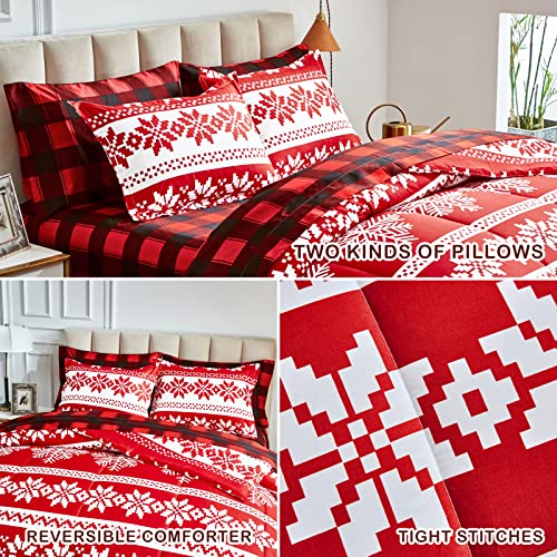 Joyreap 7 Piece Bed In A Bag King, Christmas Theme Red And White Snowflake Pattern, Microfiber Comforter Set For All Season- 1 Comforter, 2 Pillow Shams, 1 Flat Sheet, 1 Fitted Sheet, 2 Pillowcases #TOP5