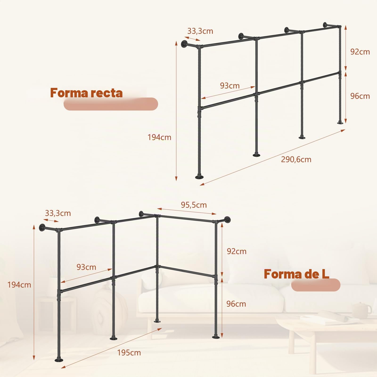 SMONTER Perchero industrial tubular de metal, altura ajustable, para colgar ropa, barra pesada montada en la pared, para armario, dormitorio, 6 rejillas