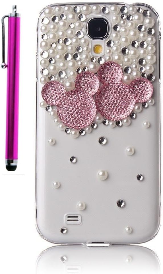 Aenmil(TM) 3D Bling Crystal Pearl Mickey Minnie Mouse Diamond Transparent Case for Samsung Galaxy S4 / SIV / i9500 and Free Gift Hot-pink Touch Pen (Pink)