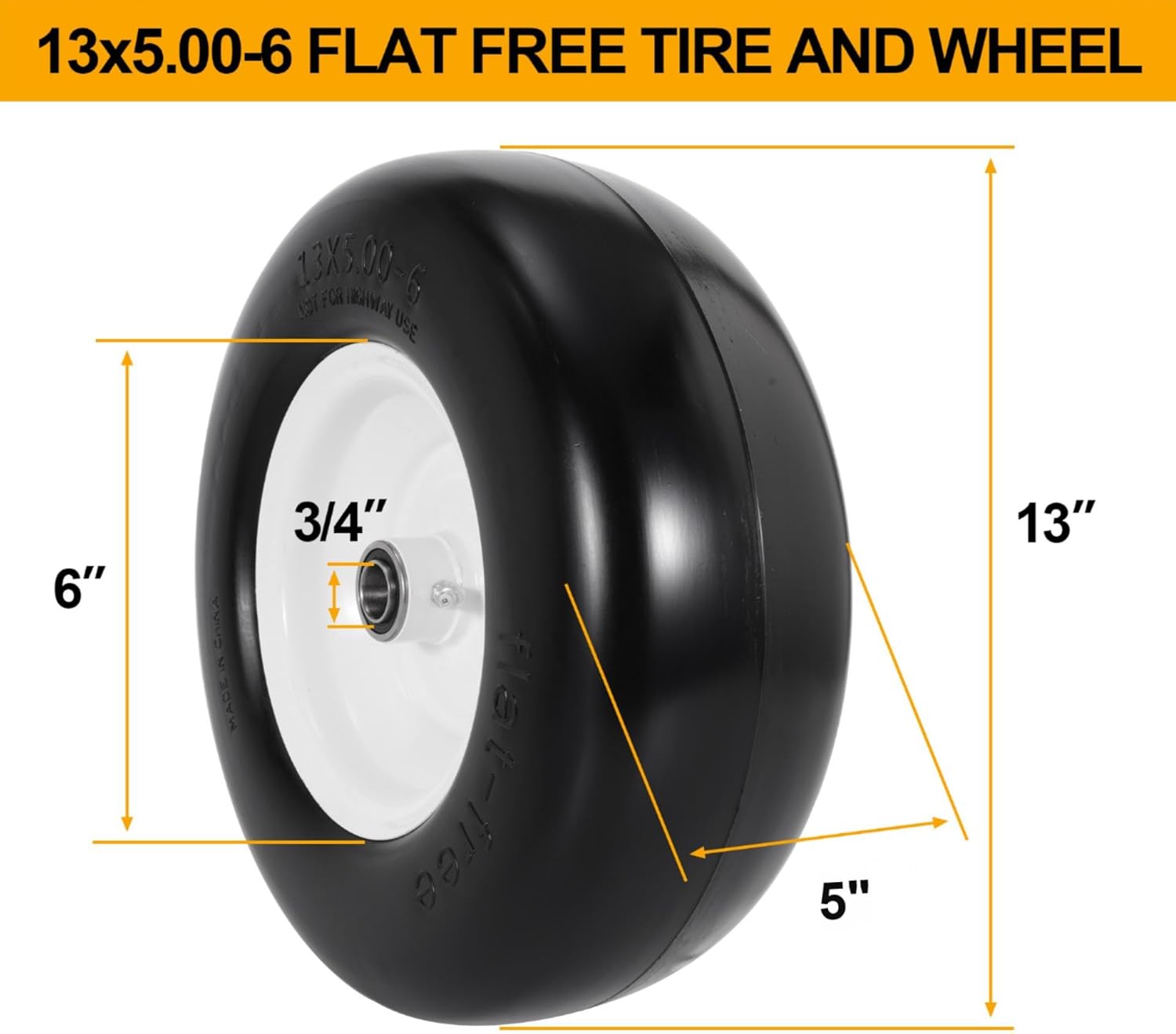 13x5.00-6 Flat Free Lawn Mower Tire and Wheel, 13x5x6 Zero Turn Mower Front Tires, Smooth Tread Premium PU Solid Mower Tire with White Wheel, 3/4"&5/8" Ball Bearing, 3.15-5.65" Centered Hub