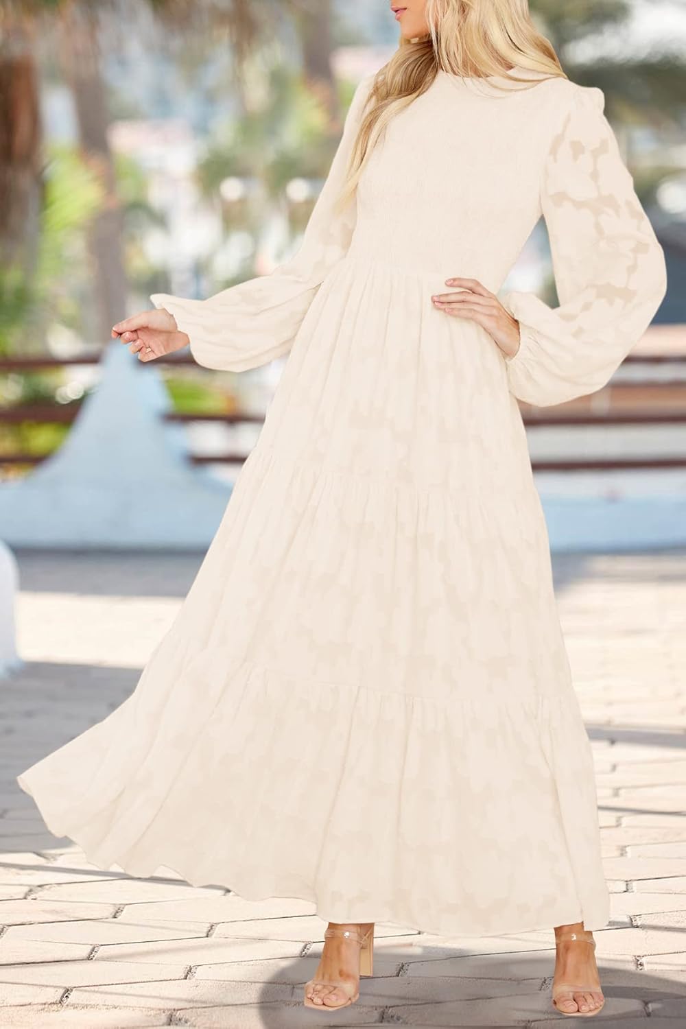 MITILLY Women's Elegant Floral Long Sleeve Round Neck Smocked A-Line Flowy Tiered Maxi Dress with Pockets - Image 2