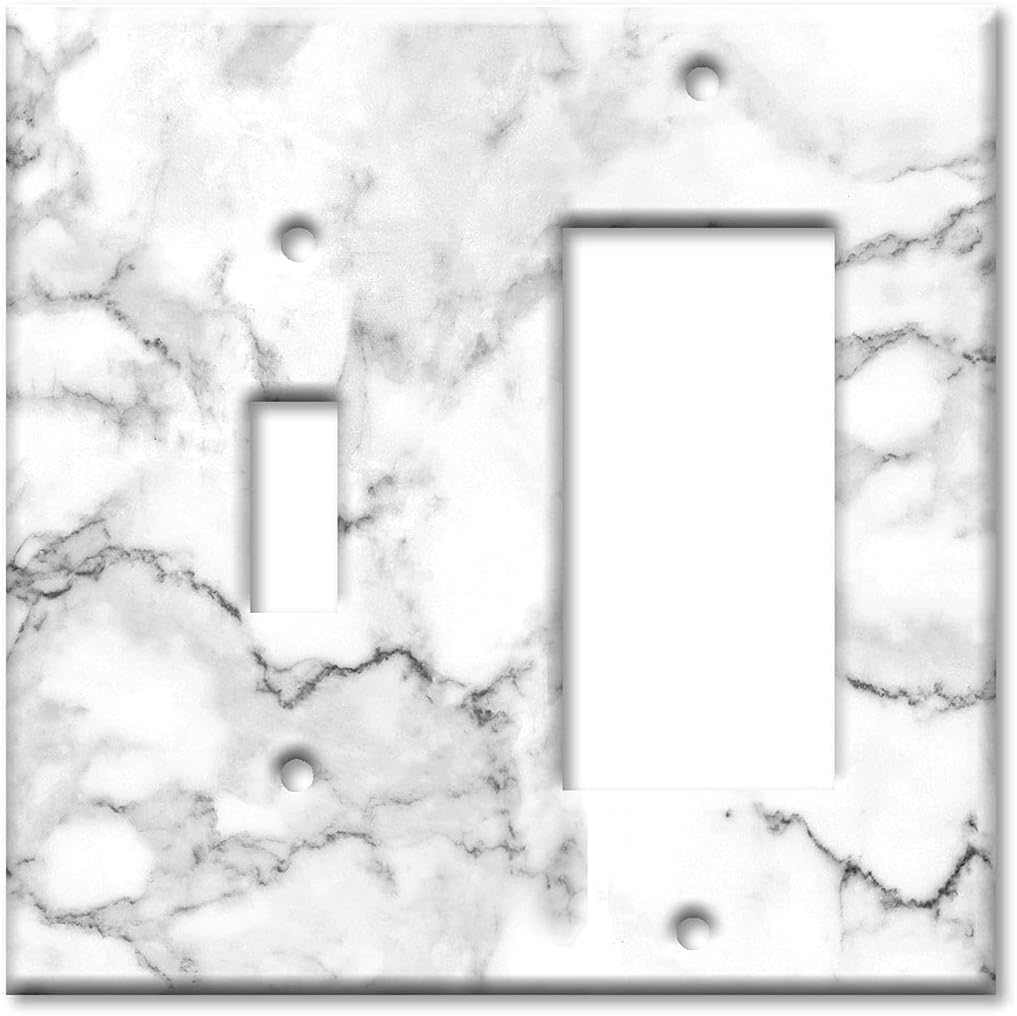 Art Plates - 2-Gang Combination Switch Plate - Toggle - Decora - White and Grey Marble - Granite Print - (Made in USA)