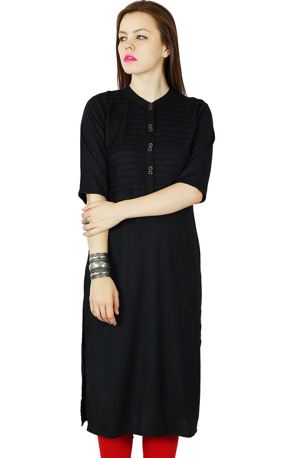 Bimba Women Rayon Custom Kurta Kurti Short Sleeve Summer Tunic Long Top Blouse Indian Clothing Black