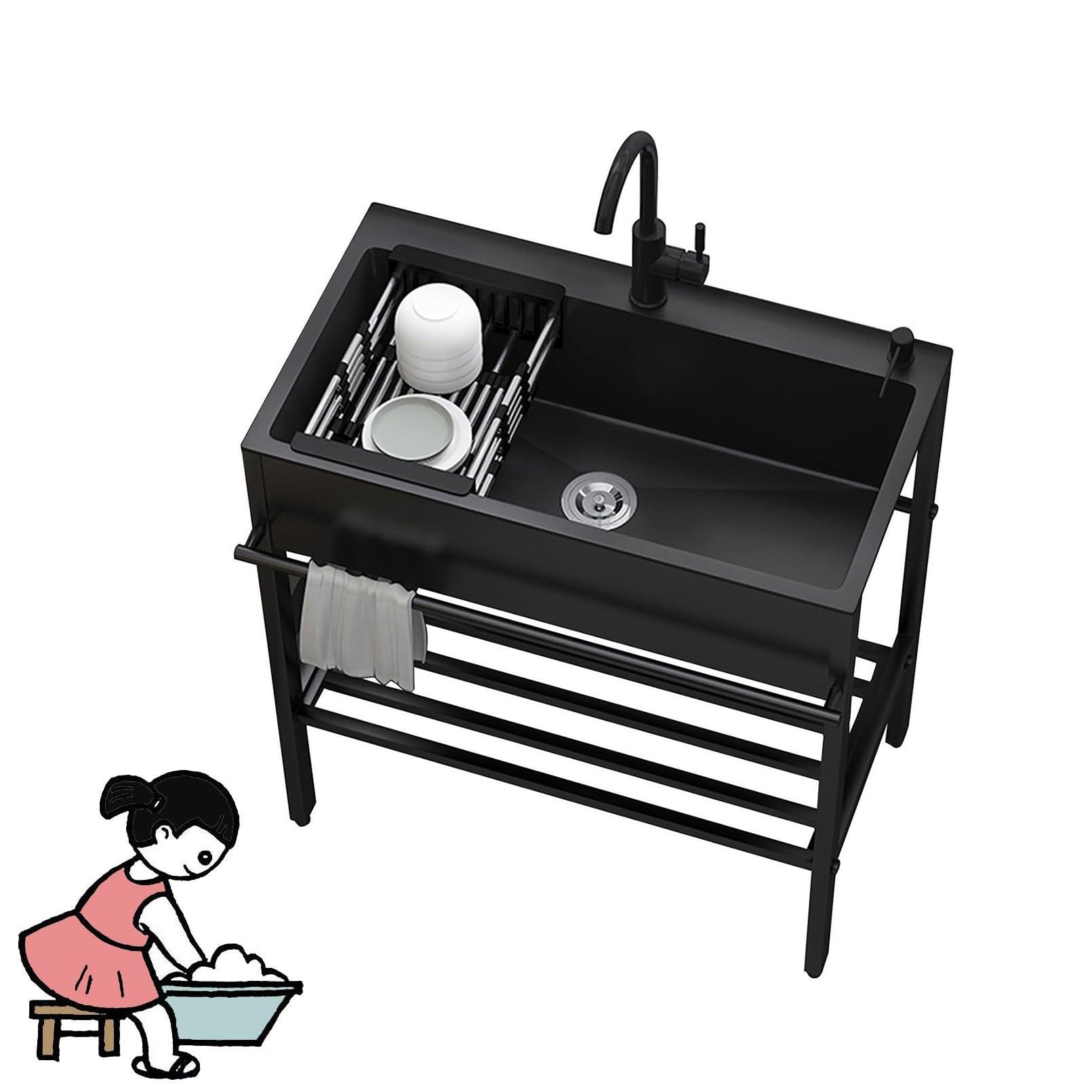 Edelstahl Schwarz Küchenspüle, Freistehende Outdoor Waschbecken Mit Unterschrank, Mobiles Ausgussbecken Mit Abtropfschale, Multifunktion Waschtisch Mit Wasserhahn, Für Keller Camping Outdoor (Size :