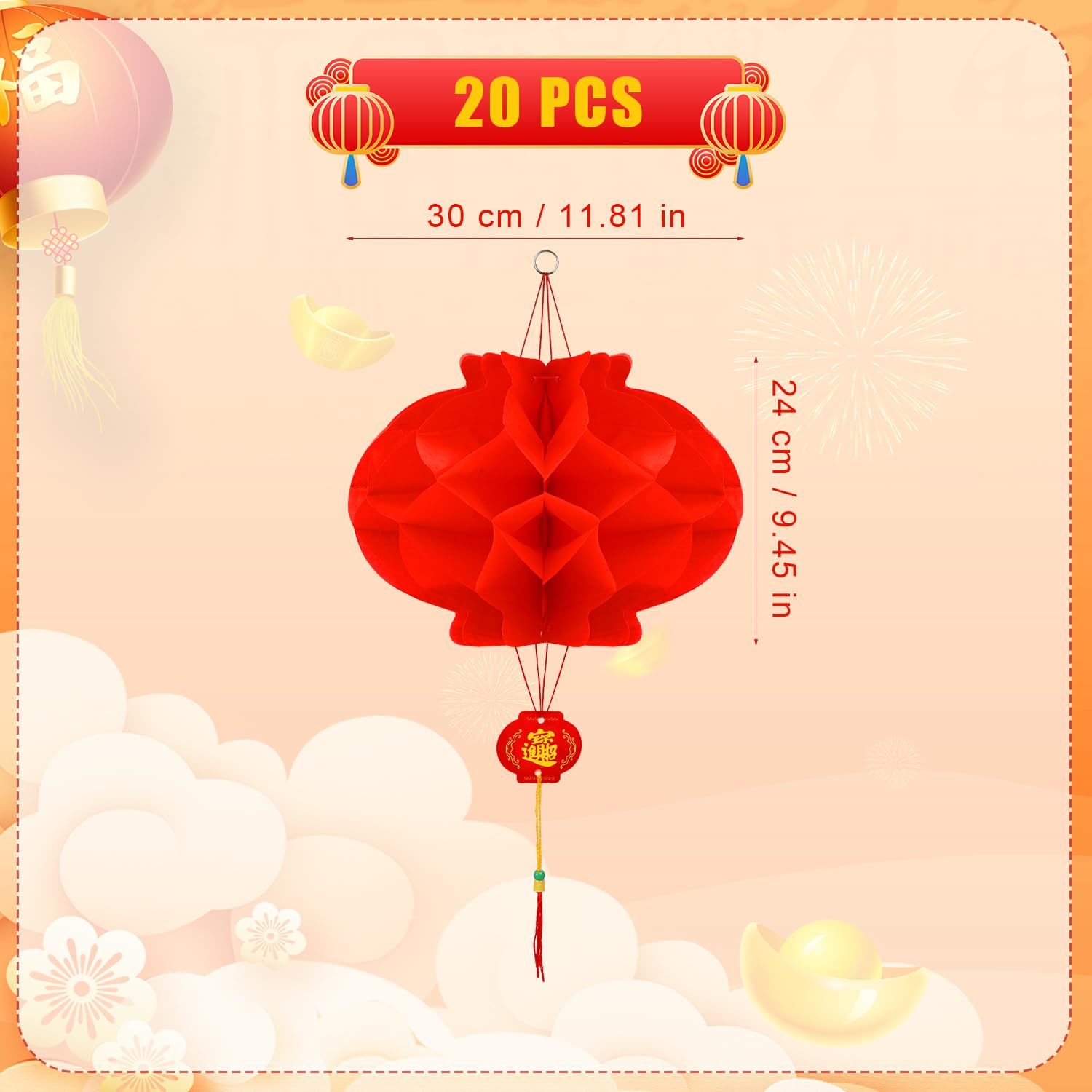20pcs Chinese Red Paper Lanterns, Chinese Spring Festival Lanterns Chinese New Year Decoration Traditional Hanging Decorations for New Year Spring Festival Wedding Party Decor (11.81x9.45 Inch)