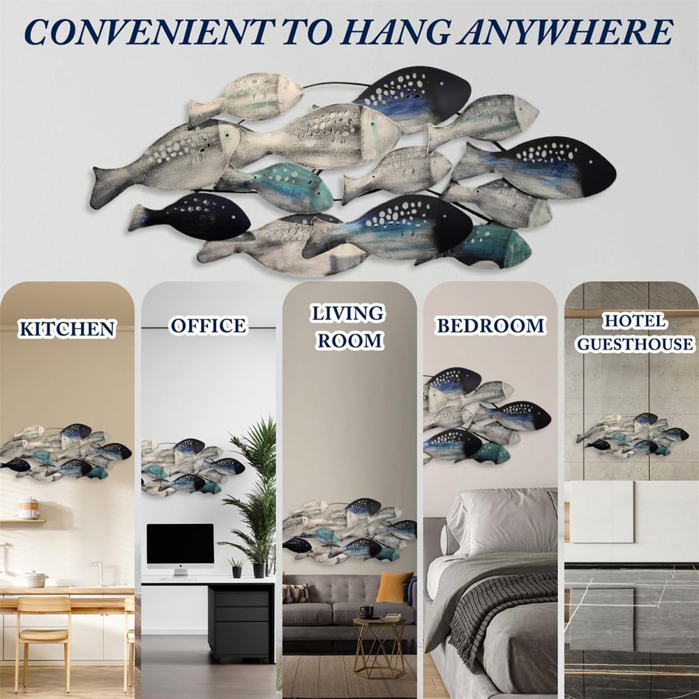 Decoración de Pared de pez de Metal con diseño costero oceánico, Escultura de pez 3D Grande de 127 x 50 cm, Arte Mural de Banco de Peces Pintado a Mano, decoración Colgante para Sala de Estar
