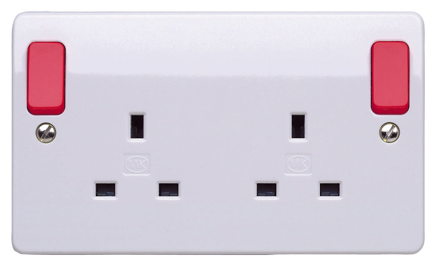 Mk Red 2 Gang 13A Dp Switched Plug Socket With Outboard Rockers