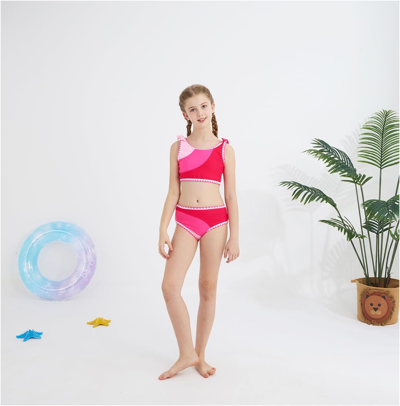 Girls Two Piece Swimsuits Color Block Bowknot Swimwear Summer Beach Bikini Set Little Girl Bathing Suit with Chest Pad 3-10T