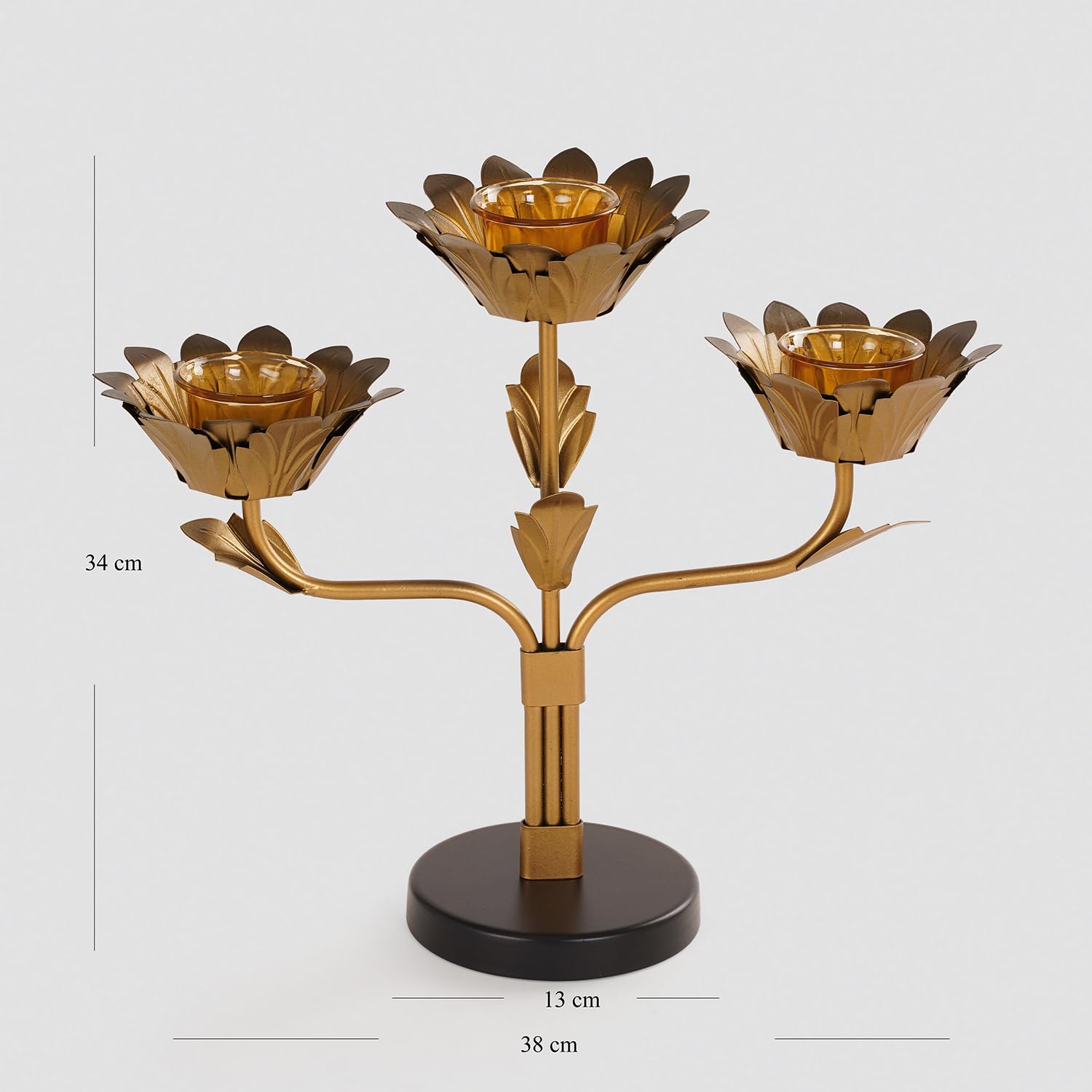 Pure Home + Living Bronze Lotus Shaped 3 Arm Candelabra Taper Candle Holders, Candle Stands, Wedding, Dinning Table Center Piece, Thick Candles for Festival Occasions- for Diwali Decor (Pack of 1) 4