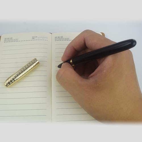 Miniatura 6 de Jinhao 86 - Pluma estilográfica, cuerpo acrílico negro, tapa de metal a cuadros dorados, extrafina con convertidor de tinta