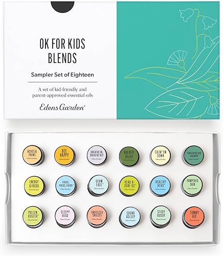 Edens Garden OK for Kids Blends - Juego de 18 aceites esenciales, paquete de muestras de aromaterapia pura (para difusor), juego de 18