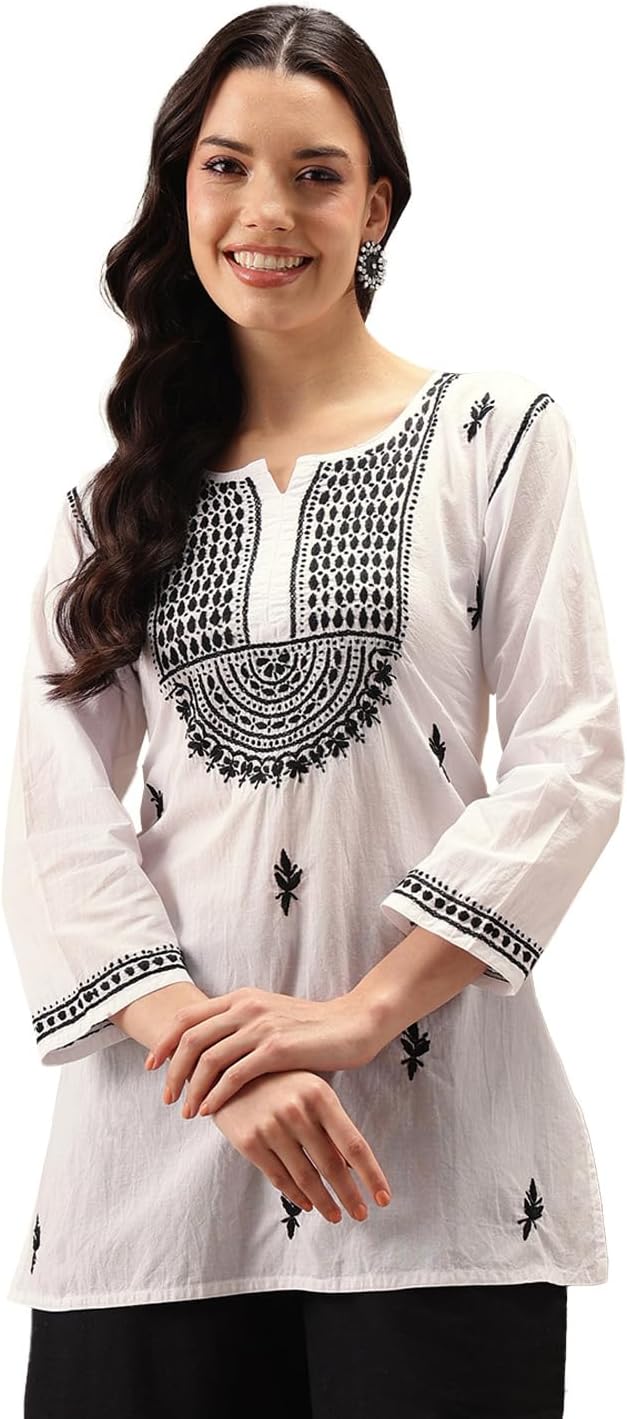 Ada Women's Hand Embroidered Indian Chikankari Cotton Top Tunic Blouse Shirt A100101