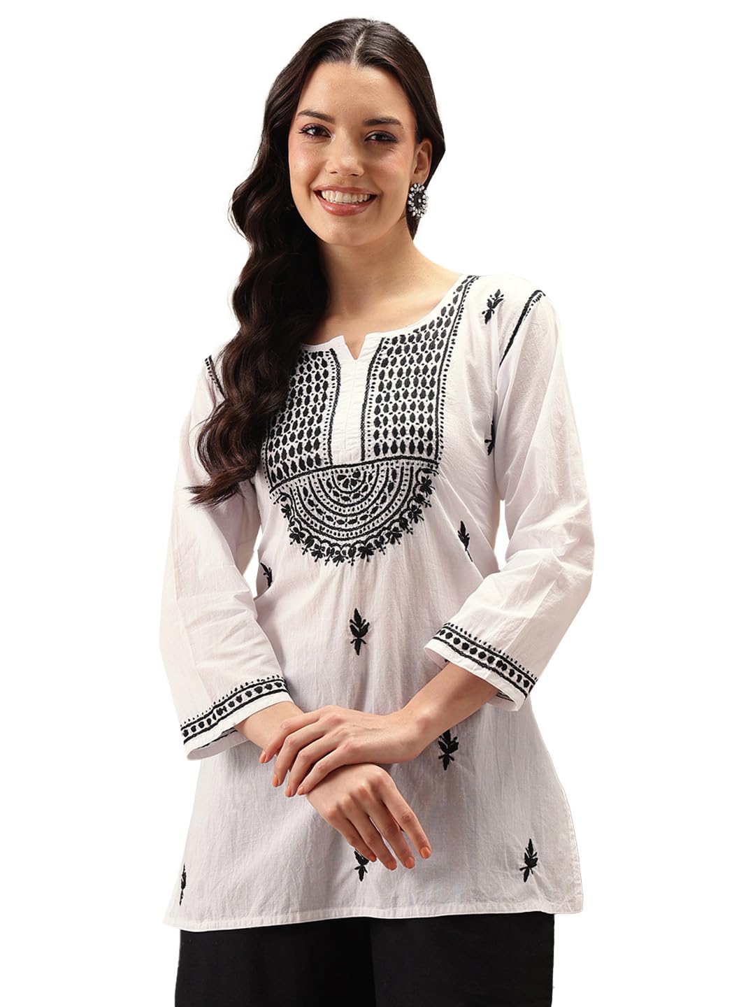Ada Women’s Cotton Regular Fit Tunic Hand Embroidered Lucknow Chikankari Short Top Kurti A100554