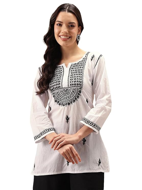 Ada Women's Cotton Regular Fit Tunic Hand Embroidered Lucknow Chikankari Short Top Kurti A100554