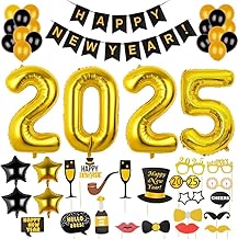 GOLDGE XXL New Year Party Decorations 32 Inch Number Foil Balloon 2025 + Happy New Year Banner + Latex Balloons + Five Pointed Star Balloon + Photo Booth Accessories