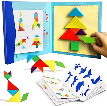 PLUSPOINT Wooden Tangram Travel Game Magnetic Puzzle Book Game Tangrams Jigsaw Shapes with Solution Traveler Challenge IQ Educational Toy for 3-99 Years - image, photos