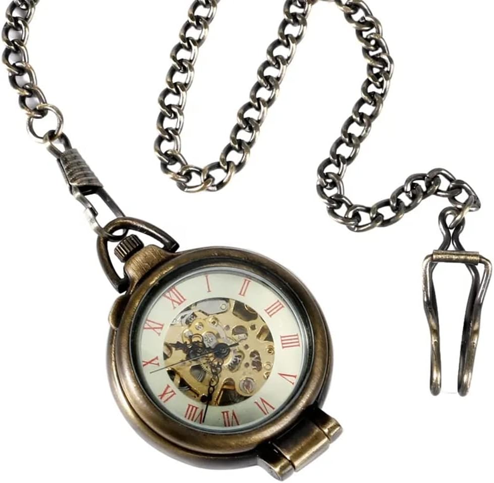 Clockwork Mechanical Pocket Watch Cool 180 Degree case Glass Cover Roman Numerals Gift
