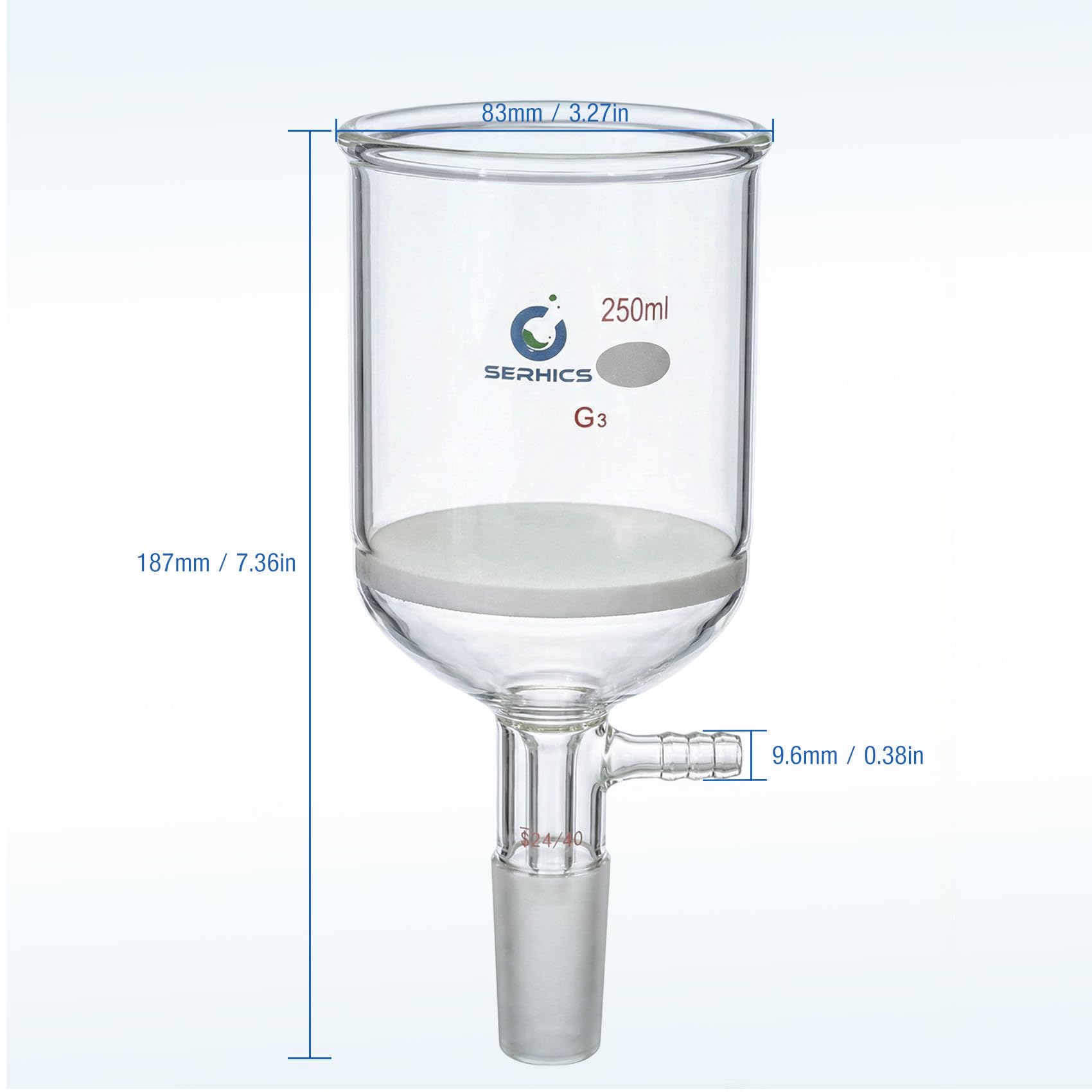 250 mL Glas Buchner Trichter mit feiner Fritte (G3), Borosilikatglas-Buchner-Trichter mit 24/40 Standard-Konus-Innenverbindung für den Laborgebrauch