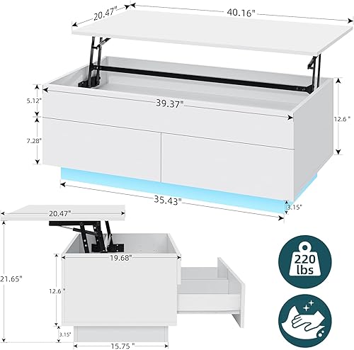 Miniatura 2 de HOMMPA Morden - Mesa de centro elevable con almacenamiento oculto, mesa de centro LED de alto brillo, mesa de té de 3 niveles con mesas centrales de