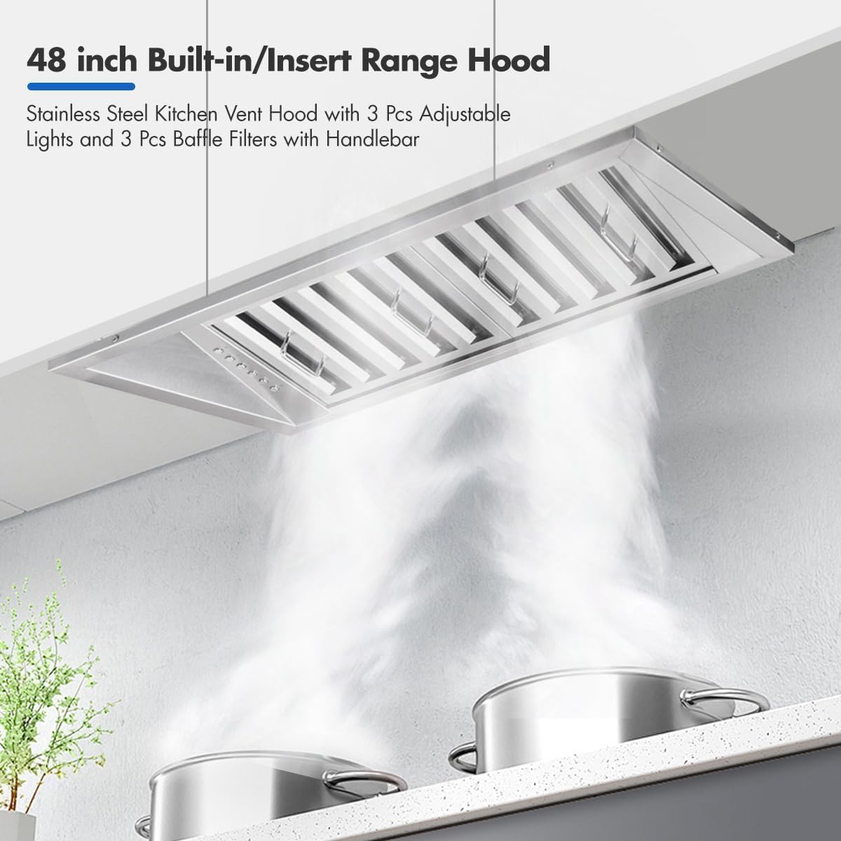 Micmi Range Hood Built-in/Insert 48 inch, Stainless Steel Kitchen Vent 800 CFM with Push Button Control, Ducted Vent Hood, Baffle Filters, 3 Speed Stove Exhaust Fan, ETL listed
