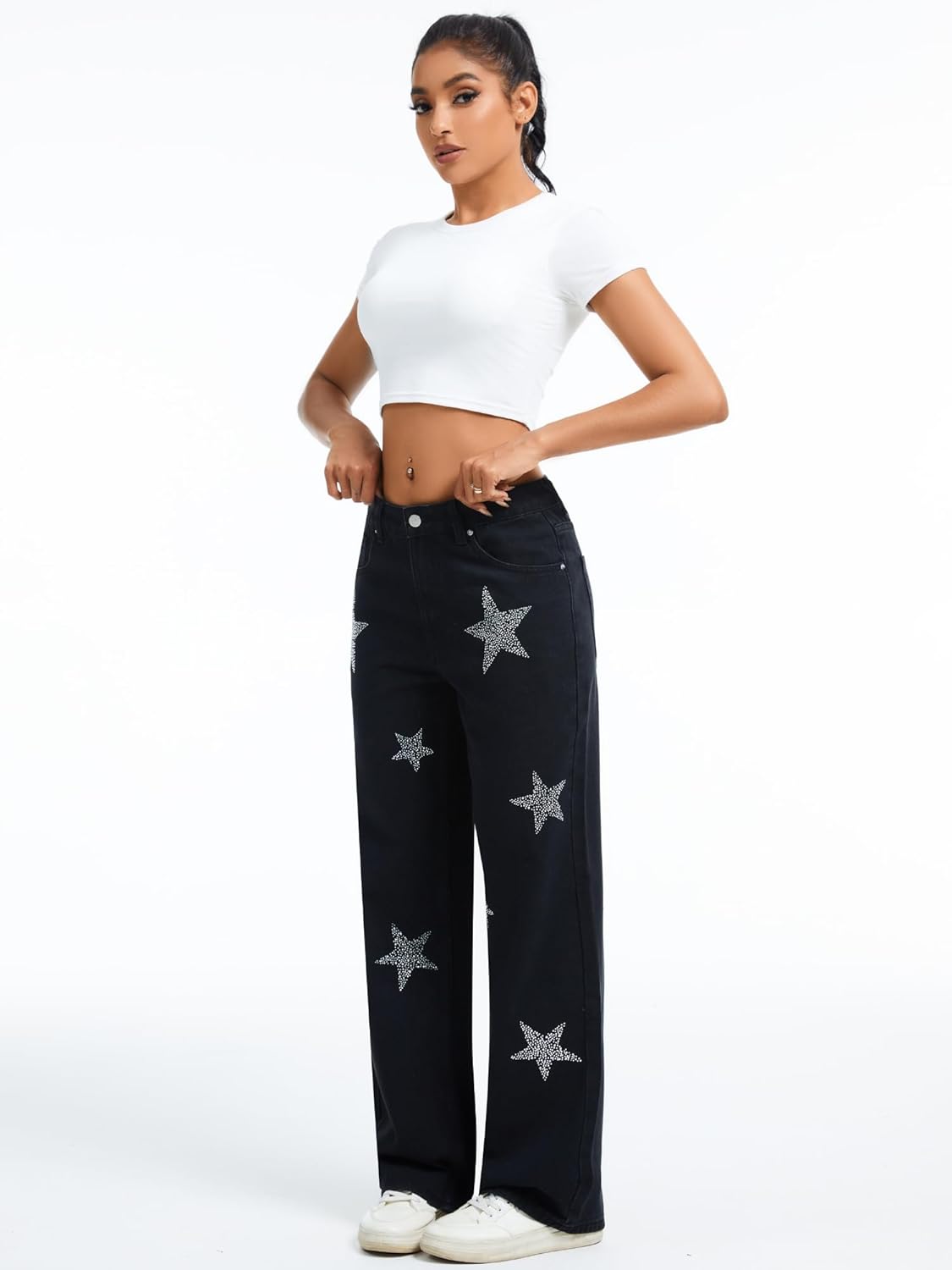 Women's Rhinestone Embellished Straight Leg Jeans Star Sparkling Denim Pants for Parties Night Out Casual Glam - Image 3