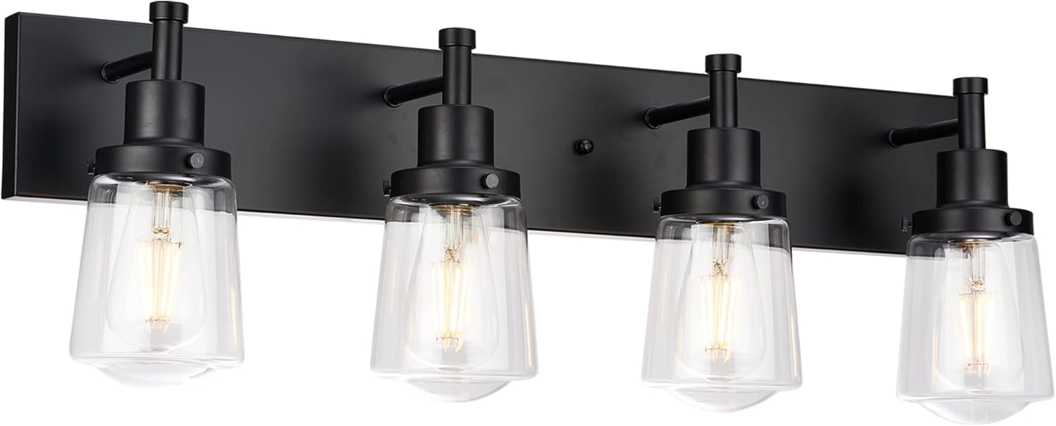 4 Light Bathroom Light Fixtures in Black, Bathroom Vanity Lights Over Mirror, Bath Wall Lamp Vanity Lighting with Clear Glass Shade, Wall Sconces for Bedroom Hallway Living Room Kitchen Black 4 Light