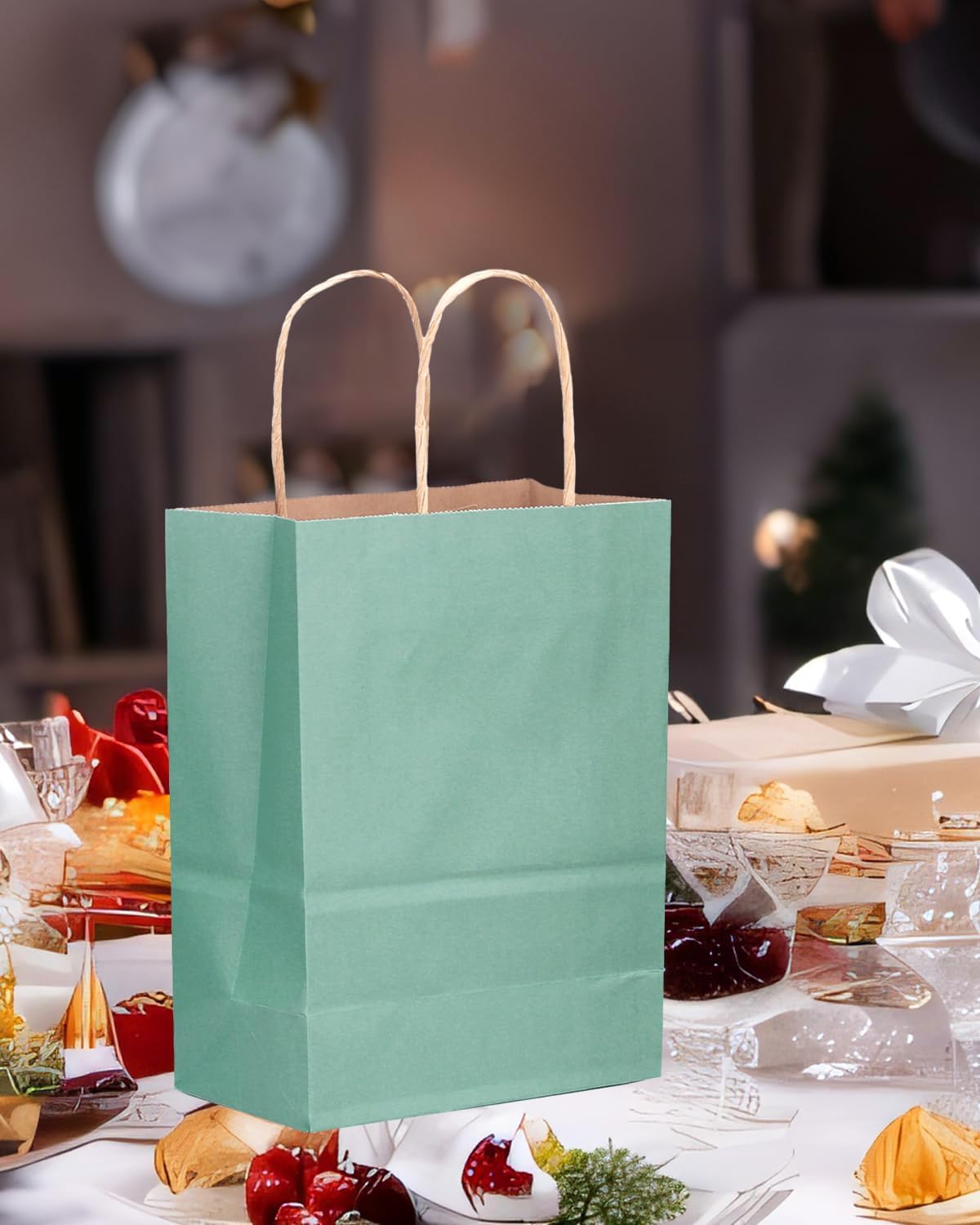 qiqee 100PCS Gift Bag with Handles Bulk Kraft Light Blue Paper Bags Multiple Uses (11"x5"x8"inch Medium Size)