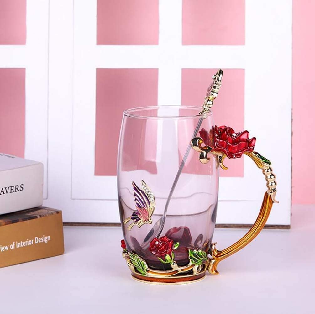 Tea Mug,Coffee Spoons,Glass Tea Cups,Coffee Cups Glass,Glass Mugs with Handles,Tea Lovers Gifts for Women,Butterfly Gifts for Women,Tea Sets for Women, Gift Ideas for Women. (High Red Rose Tea Cup)