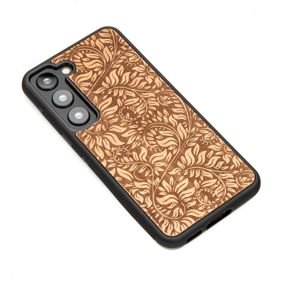 Funda de madera compatible con Samsung Galaxy, madera de manzano, patrón floral, carga inalámbrica, resistente a los golpes, hecha a mano
