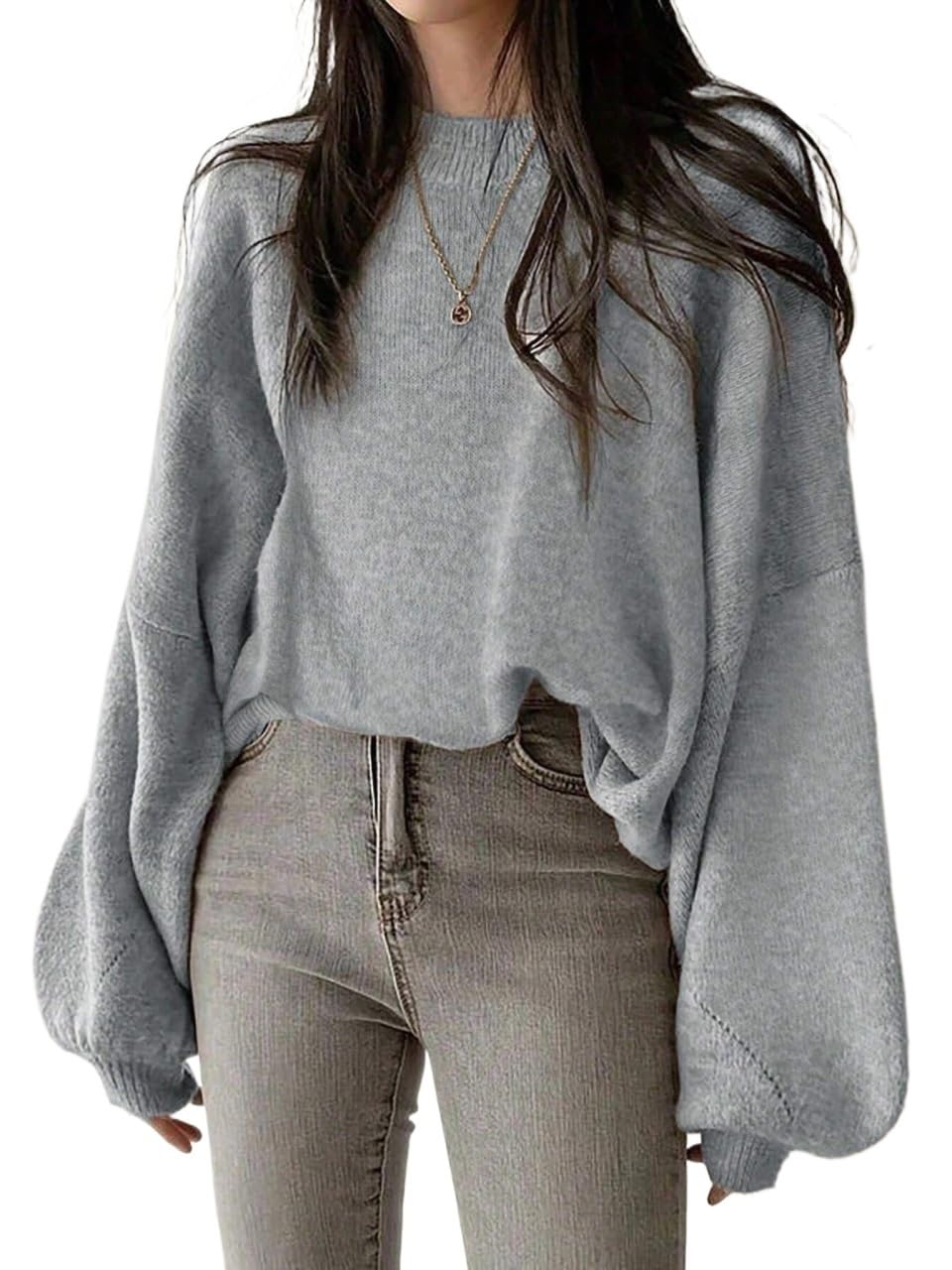 Womens Pullover Sweater Casual French Loose Fit Crew Neck Long Sleeve Knit Sweater