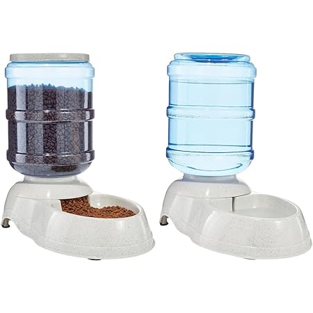Amazon Basics Automatic Dog Cat Water Dispenser Gravity Feeder and Waterer Set, Large, 12-Pound Food Capacity, 2.5-Gallon, Gray