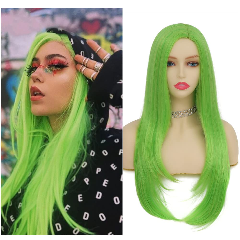 Neon Green Long Straight Wigs for Women with Side Bangs Natural Halloween  Party Hair Heat Resistant Synthetic Wig for Cosplay(Light Green)
