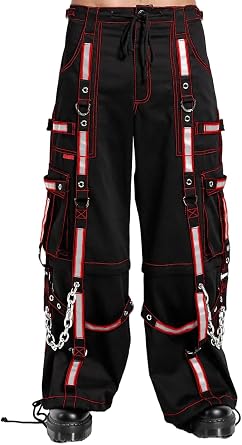 Tripp NYC Reflective Cargo Pants, Black with Red Contrast Stitching, Wide Leg with Multiple Pockets and Chain Details
