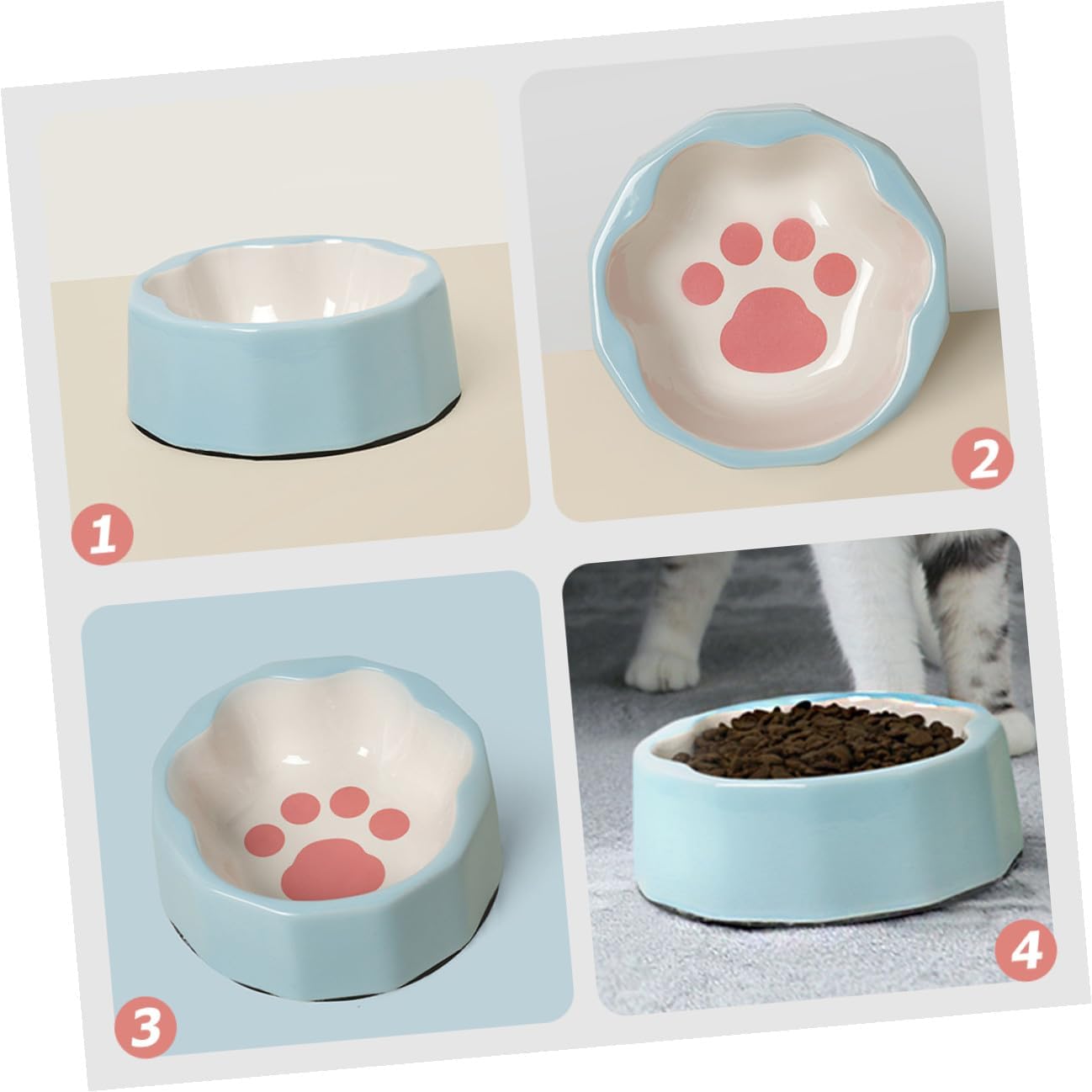Ceramic Slanted Cat Feeder Bowl with Paw Print, Small Blue Pet Food and Water Dish for Cats and Dogs, Whisker Fatigue Relief Raised Pet Feeding Bowl