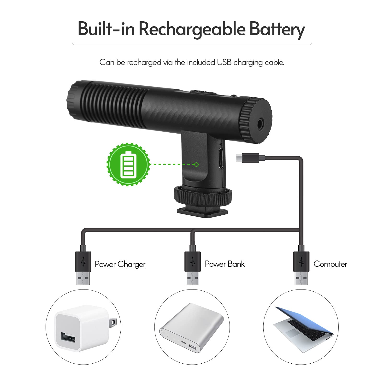 Andoer Microfono stereo portatile Registrazione Video Mic 3.5mm TRS Plug Built-in Batteria ricaricabile per fotocamere DSLR Videocamera